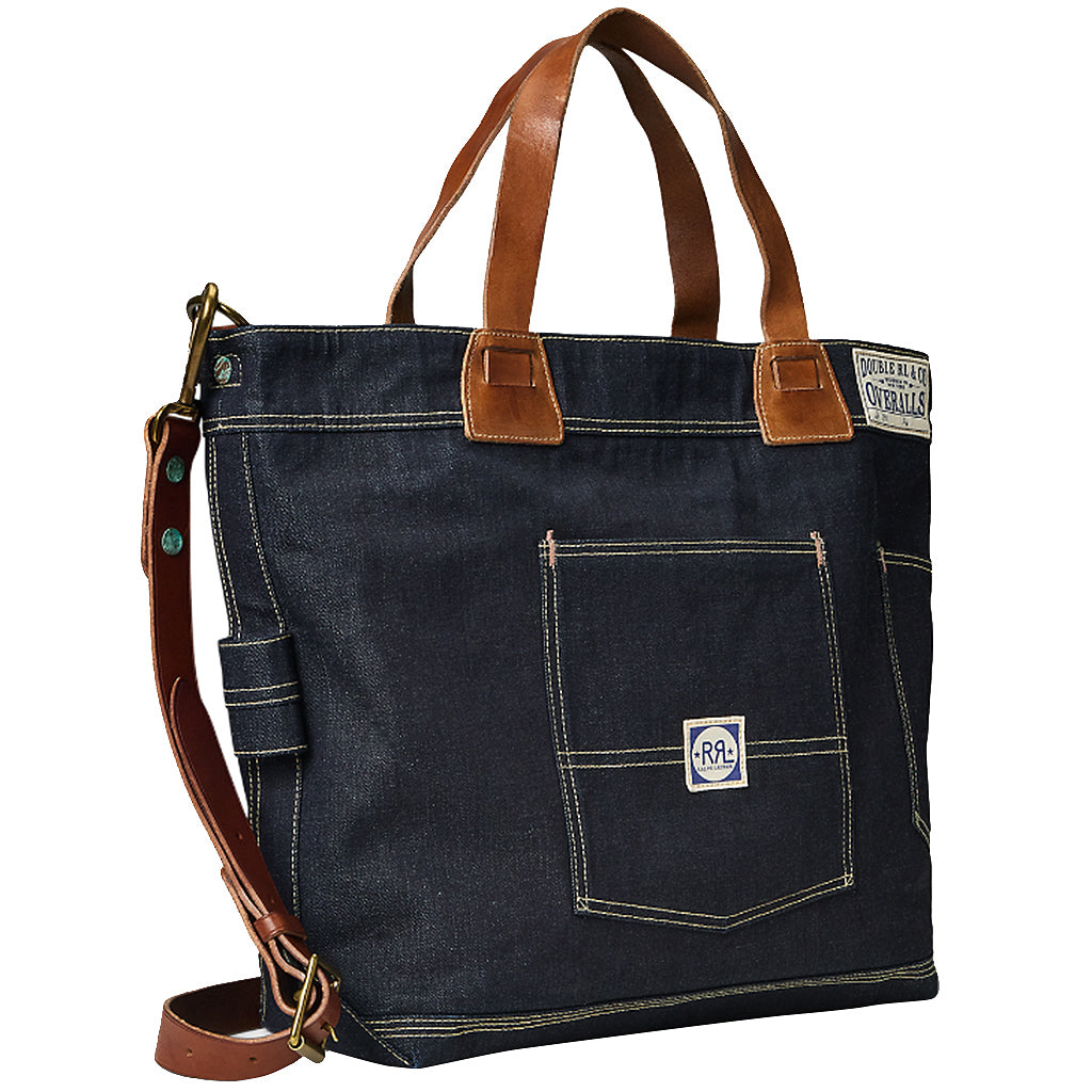 Double RL : LEATHER-TRIM INDIGO DENIM TOTE