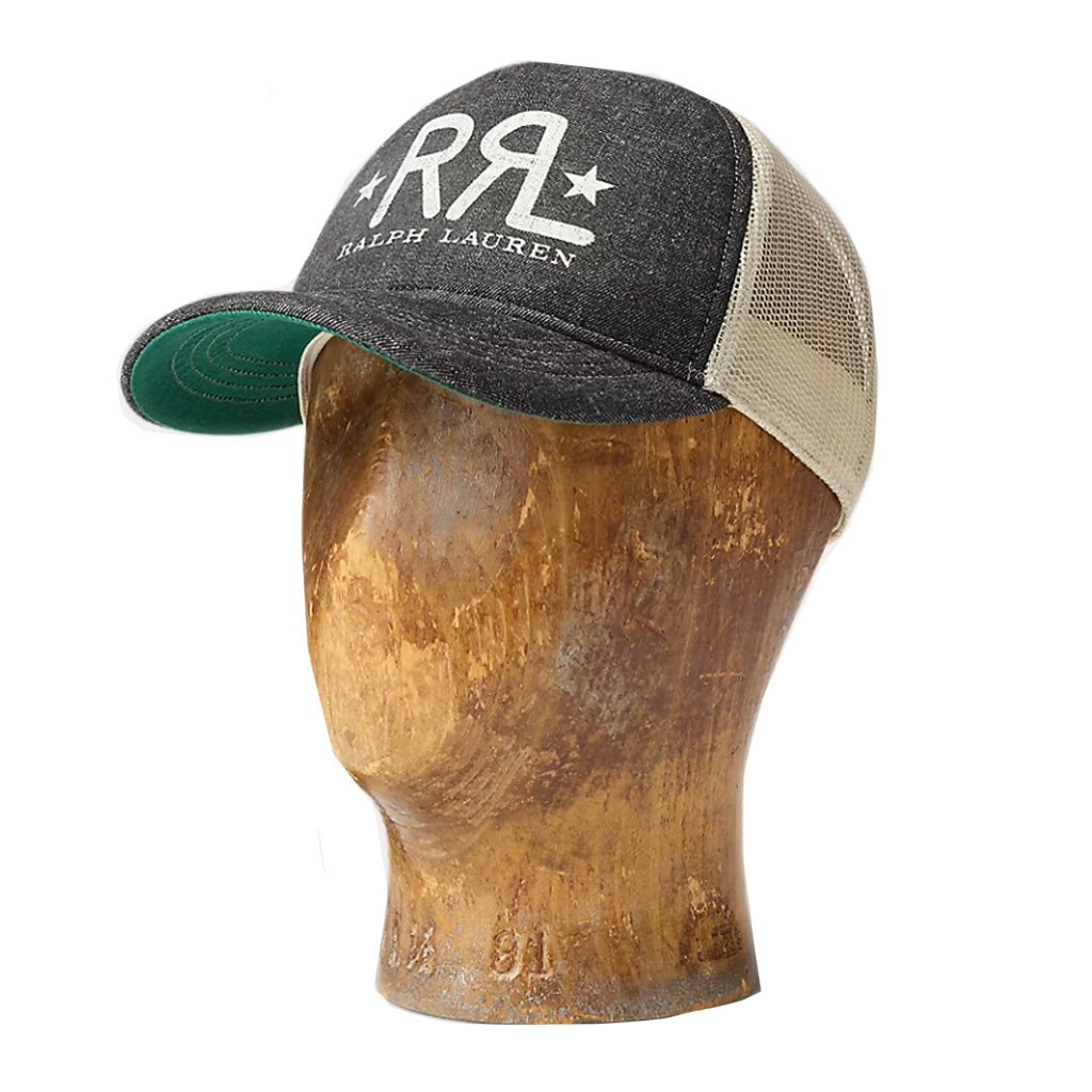 Double RL : RRL RANCH LOGO DENIM TRUCKER CAP (BLACK/WHITE)