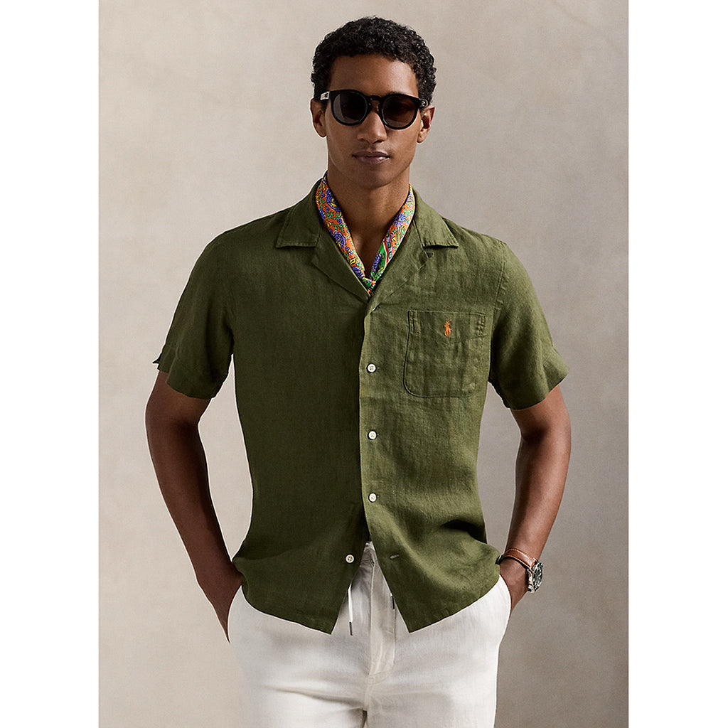 POLO RALPH LAUREN : クラシックフィット リネン キャンプシャツ(DARK GREEN)