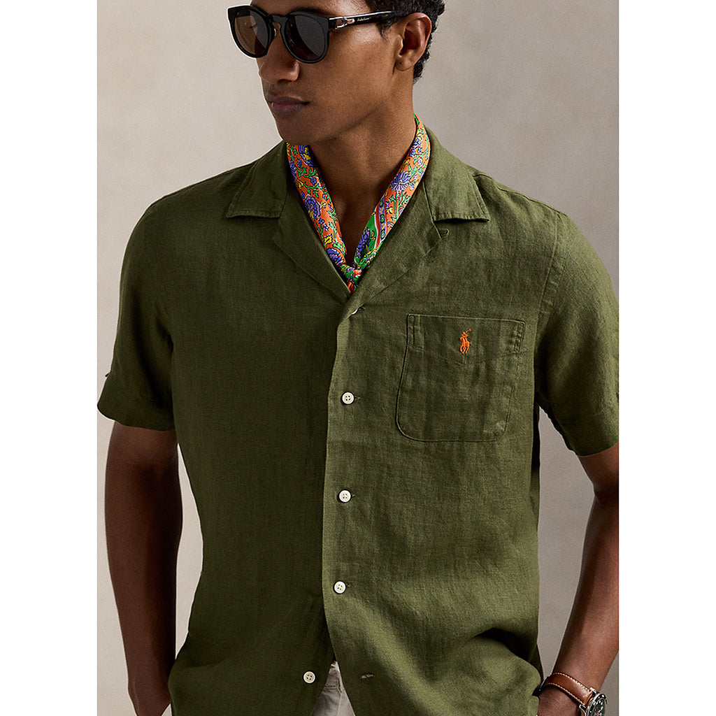 POLO RALPH LAUREN : クラシックフィット リネン キャンプシャツ(DARK GREEN)