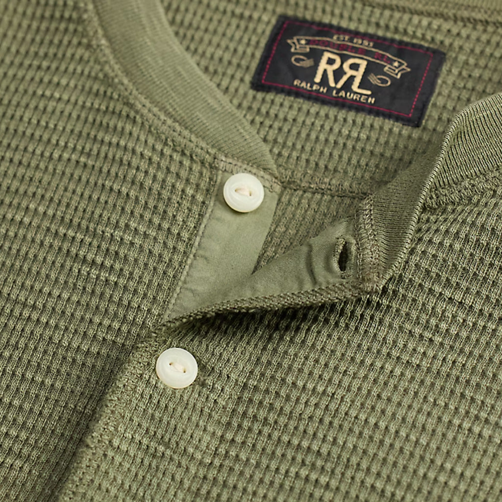 Double RL : GARMENT-DYED WAFFLE-KNIT HENLEY SHIRT (TREE GREEN)
