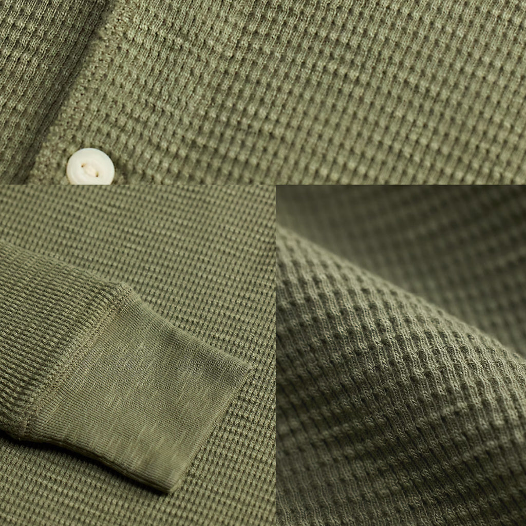 Double RL : GARMENT-DYED WAFFLE-KNIT HENLEY SHIRT (TREE GREEN)