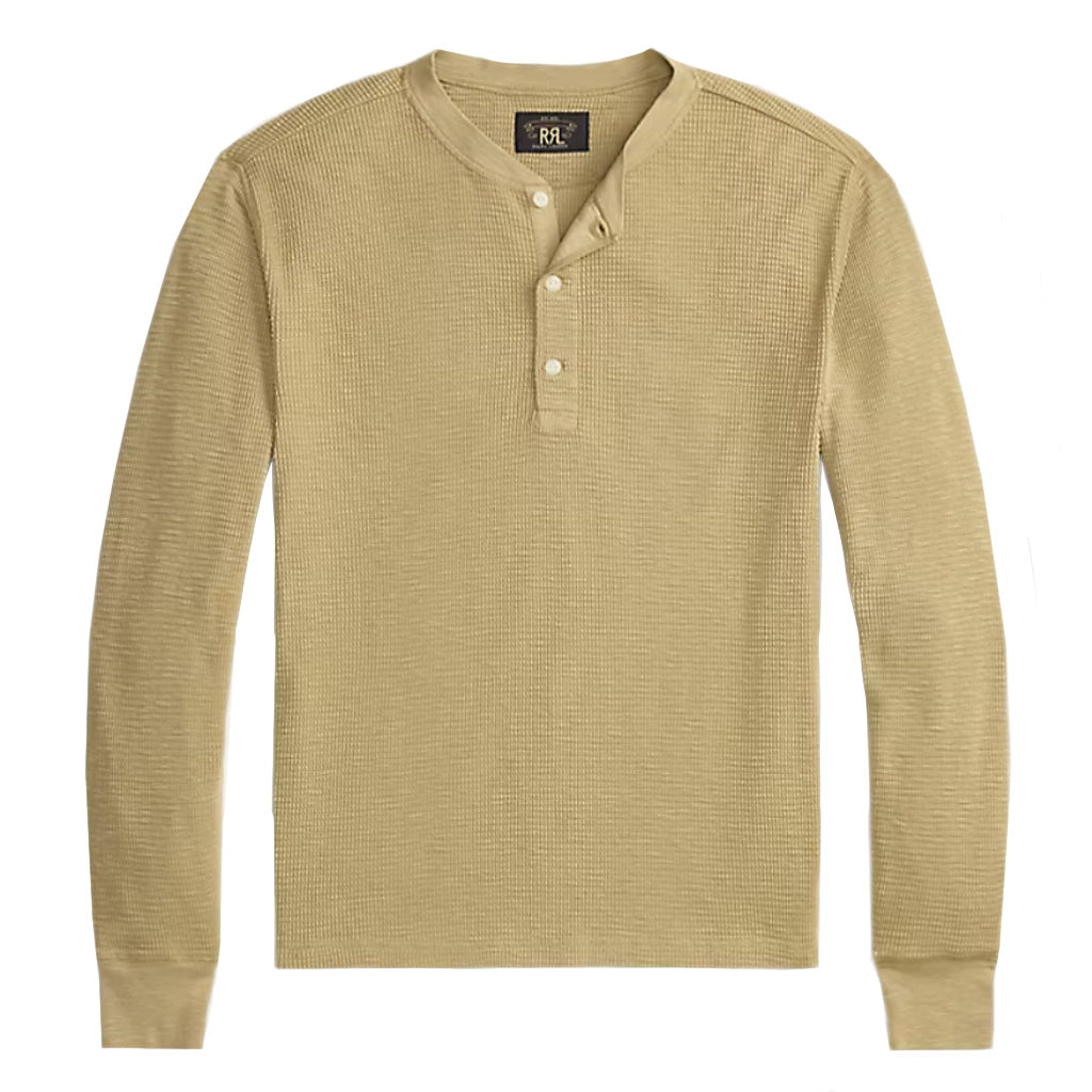 Double RL : GARMENT-DYED WAFFLE-KNIT HENLEY SHIRT (SPRING BEIGE)