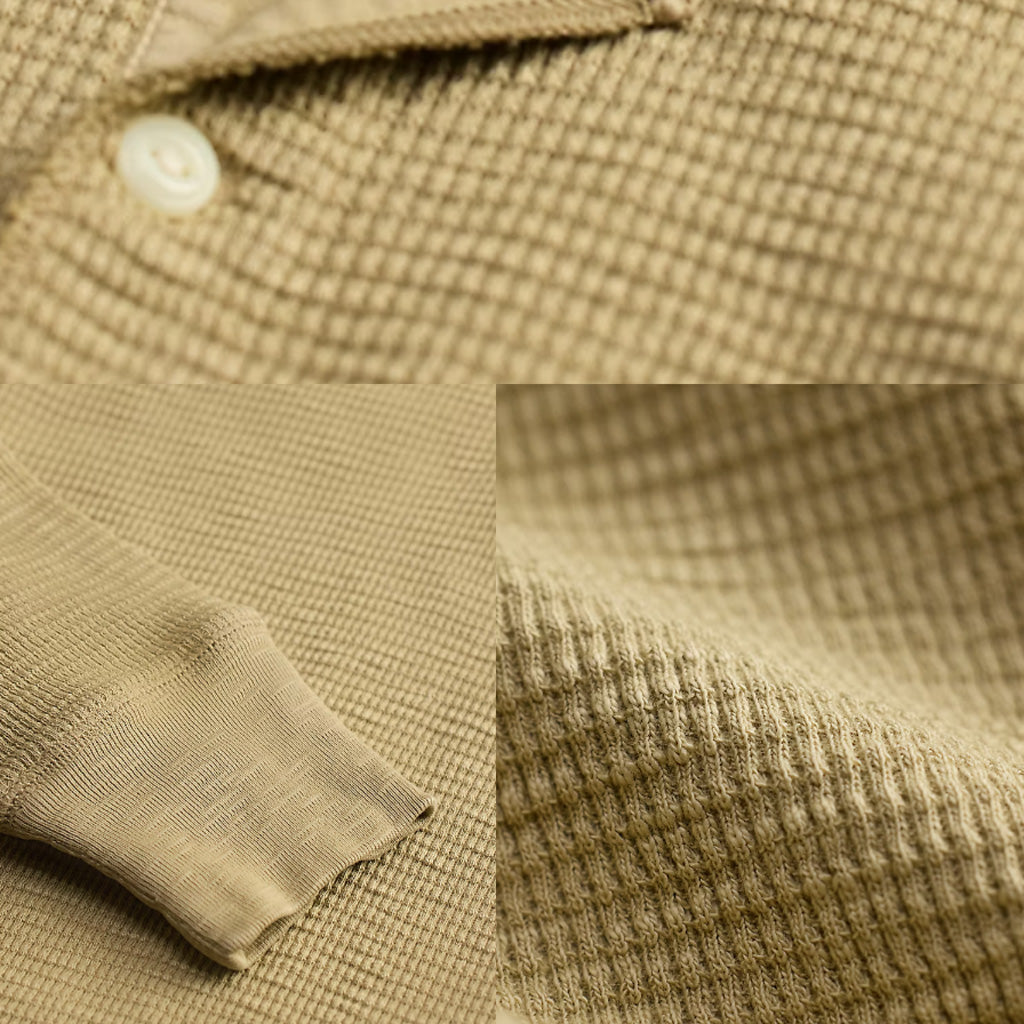 Double RL : GARMENT-DYED WAFFLE-KNIT HENLEY SHIRT (SPRING BEIGE)