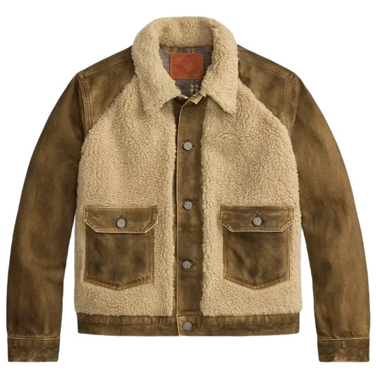 Double RL : FLEECE-PANEL DENIM TRUCKER JACKET