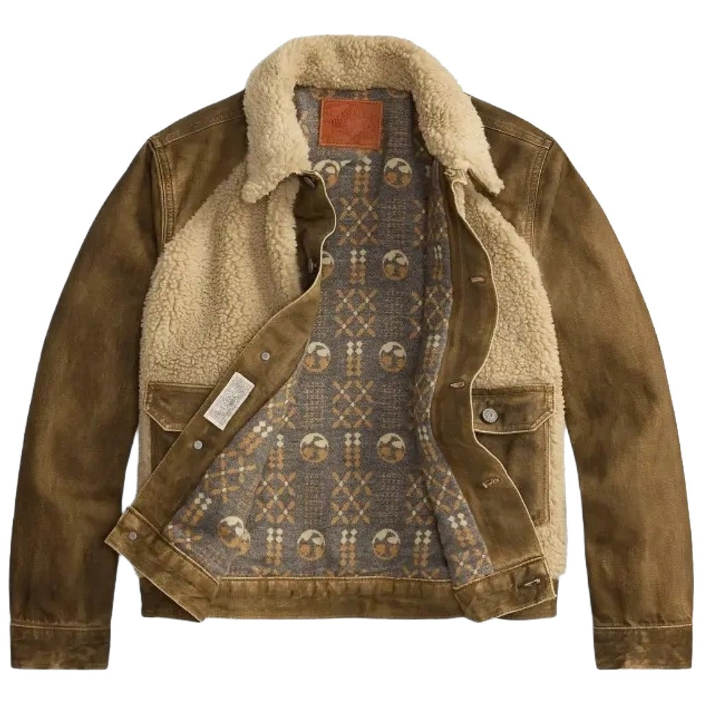Double RL : FLEECE-PANEL DENIM TRUCKER JACKET