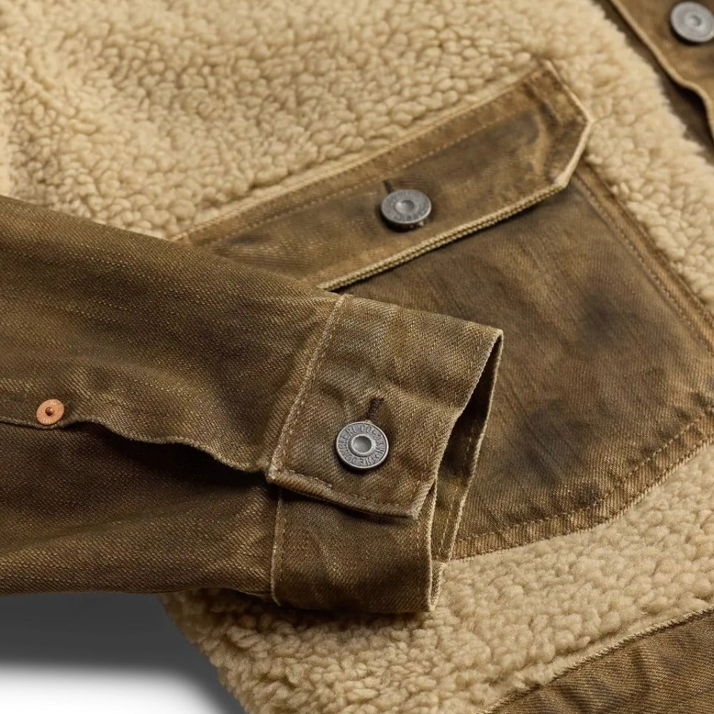Double RL : FLEECE-PANEL DENIM TRUCKER JACKET