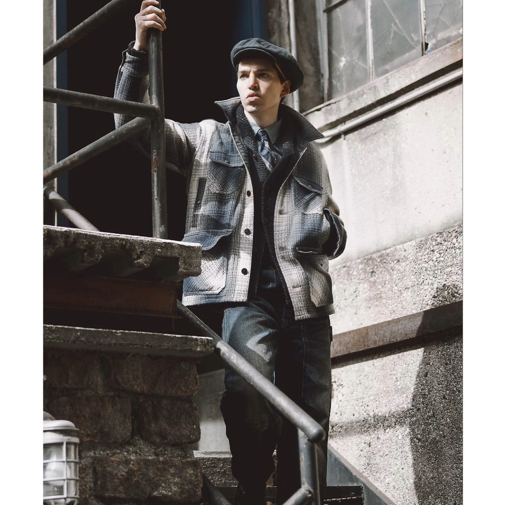 Double RL : PLAID WOOL TWILL OVERSHIRT (BLUE/CREAM)