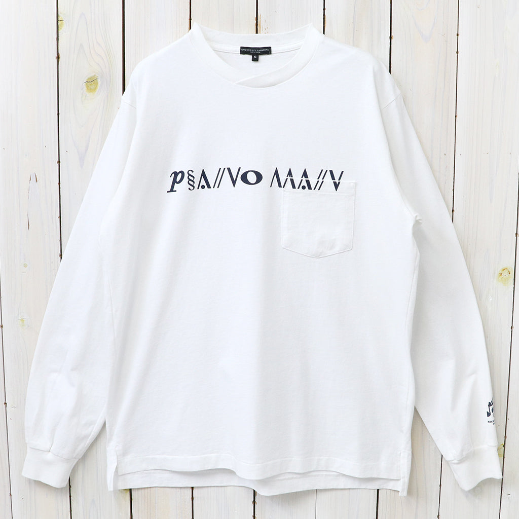 ENGINEERED GARMENTS : Printed Cross Crew Neck L/S T-shirt-White (Piano)