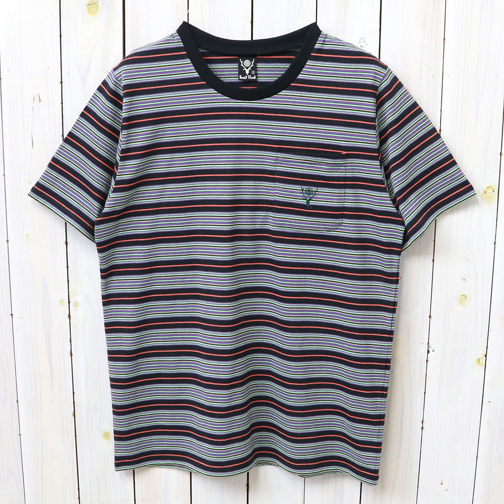【SALE30%OFF】SOUTH2 WEST8 : S/S Round Pocket Tee-Cotton Multi Wide Stripe Jersey (Black)