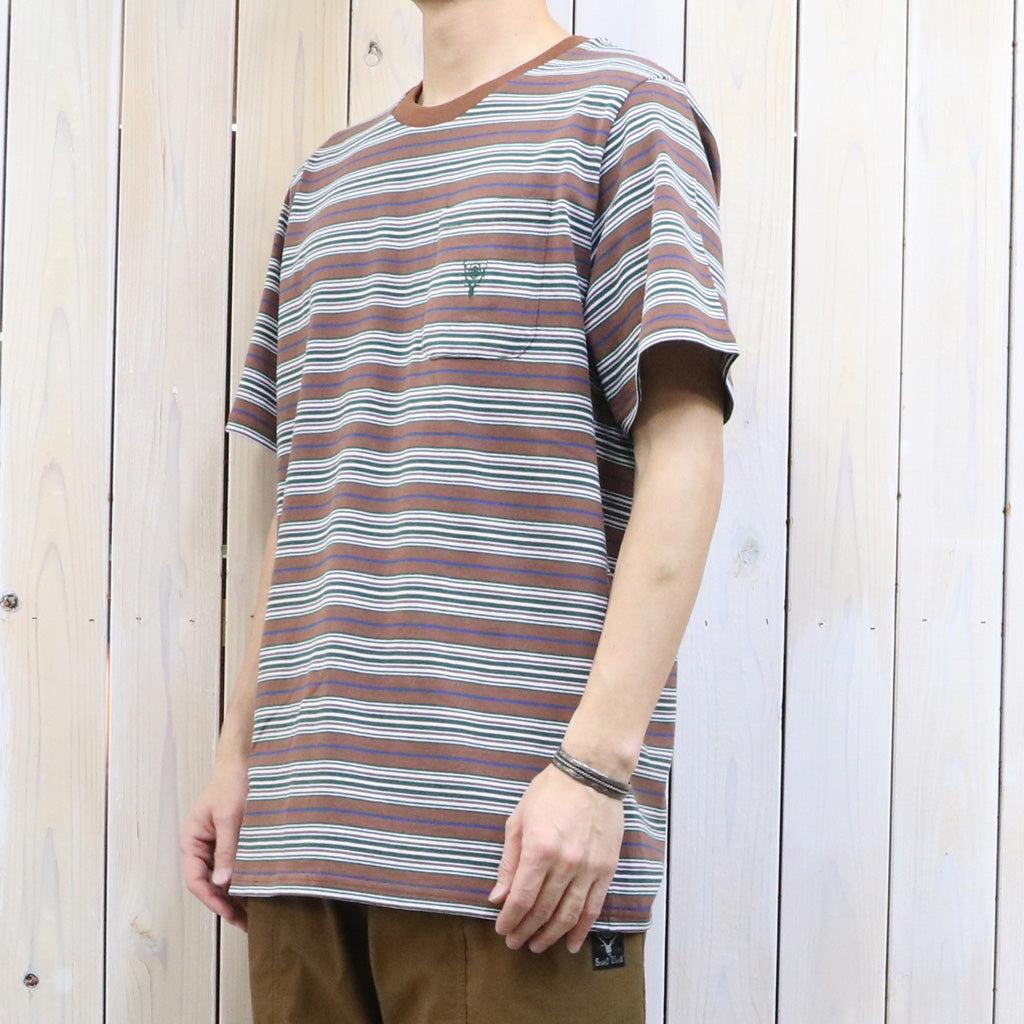 【SALE30%OFF】SOUTH2 WEST8 : S/S Round Pocket Tee-Cotton Multi Wide Stripe Jersey (Brown)