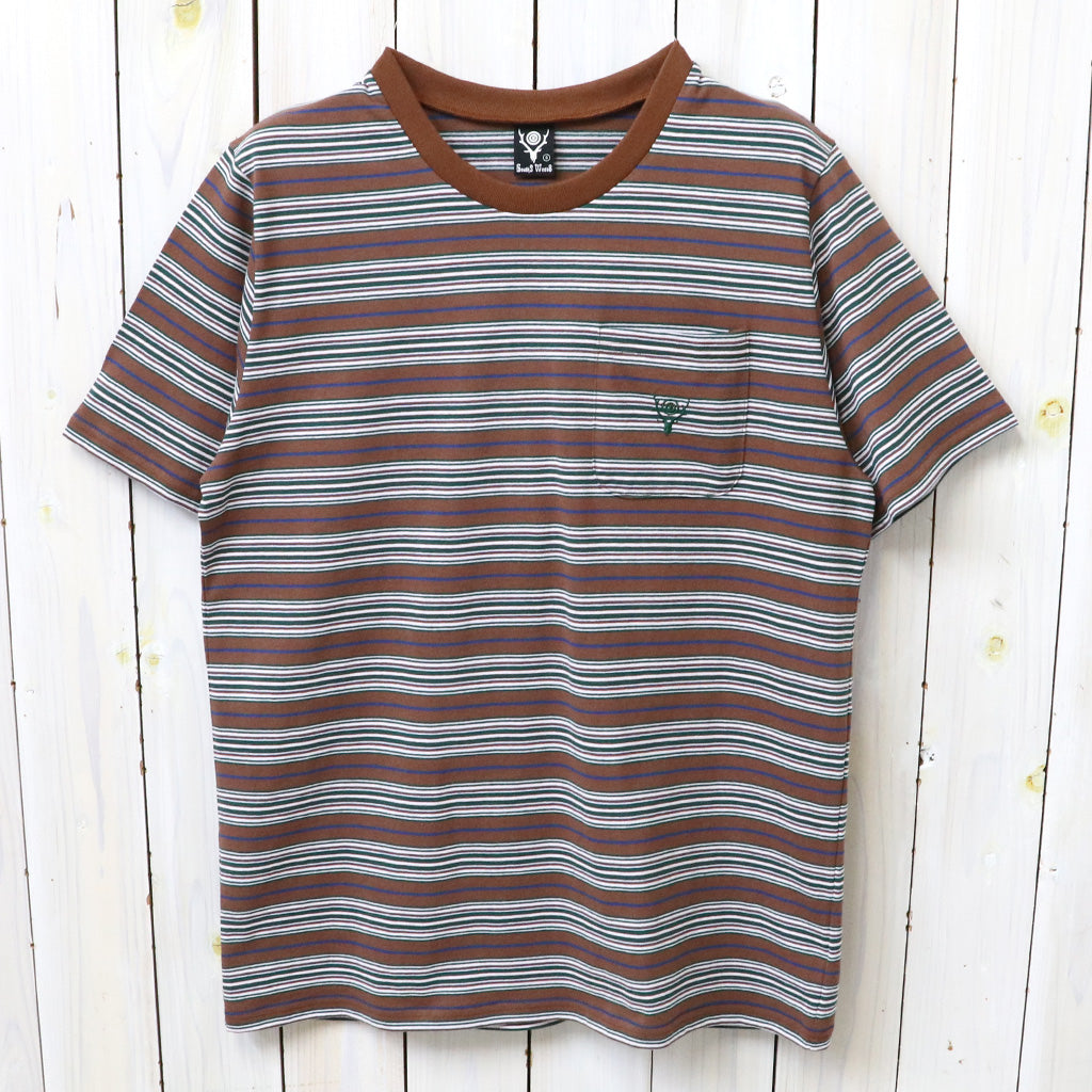 【SALE30%OFF】SOUTH2 WEST8 : S/S Round Pocket Tee-Cotton Multi Wide Stripe Jersey (Brown)