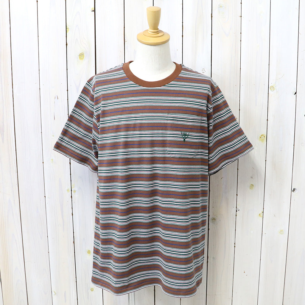 【SALE30%OFF】SOUTH2 WEST8 : S/S Round Pocket Tee-Cotton Multi Wide Stripe Jersey (Brown)