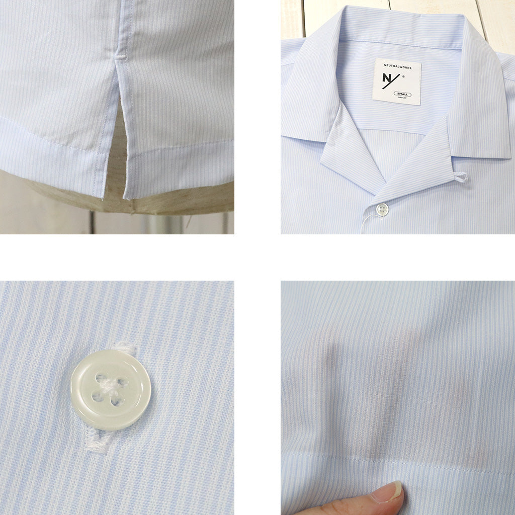 NEUTRALWORKS. : SHORT SLEEVE OPEN COLLAR RAMIE MIXED SHIRT (ブルーストライプ)