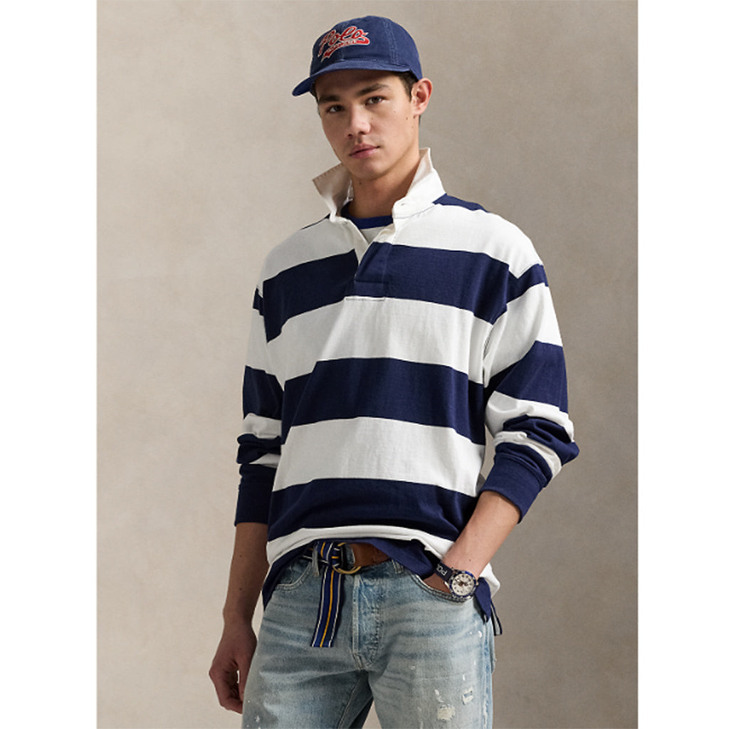 【SALE40%OFF】POLO RALPH LAUREN : ビックフィット ストライプド ジャージー ラグビーシャツ (WHITE/NAVY)