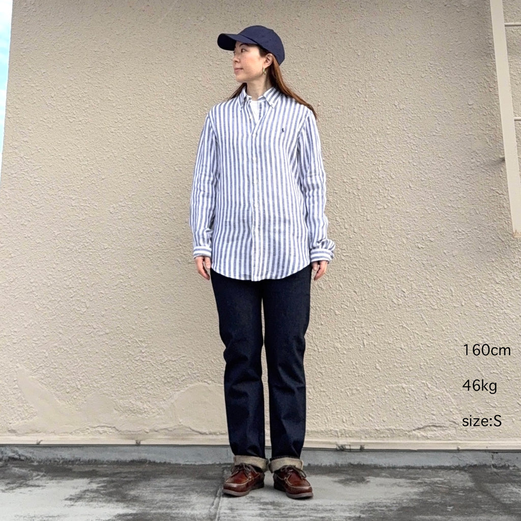 POLO RALPH LAUREN : カスタムフィット リネン ボタンダウンシャツ (NAVY STRIPE)