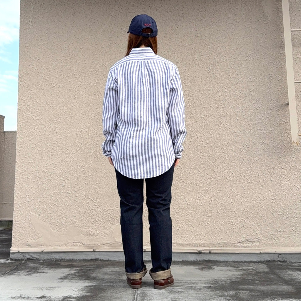 POLO RALPH LAUREN : カスタムフィット リネン ボタンダウンシャツ (NAVY STRIPE)