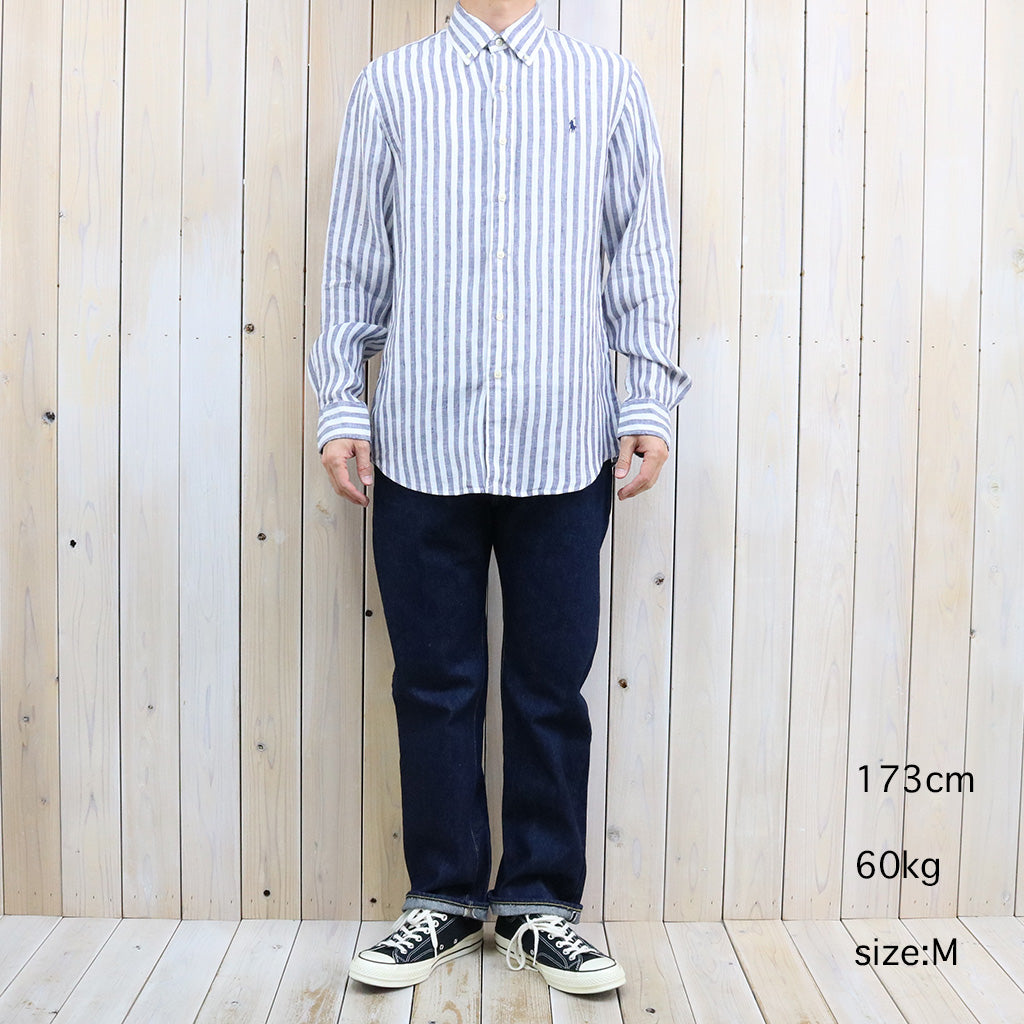 POLO RALPH LAUREN : カスタムフィット リネン ボタンダウンシャツ (NAVY STRIPE)