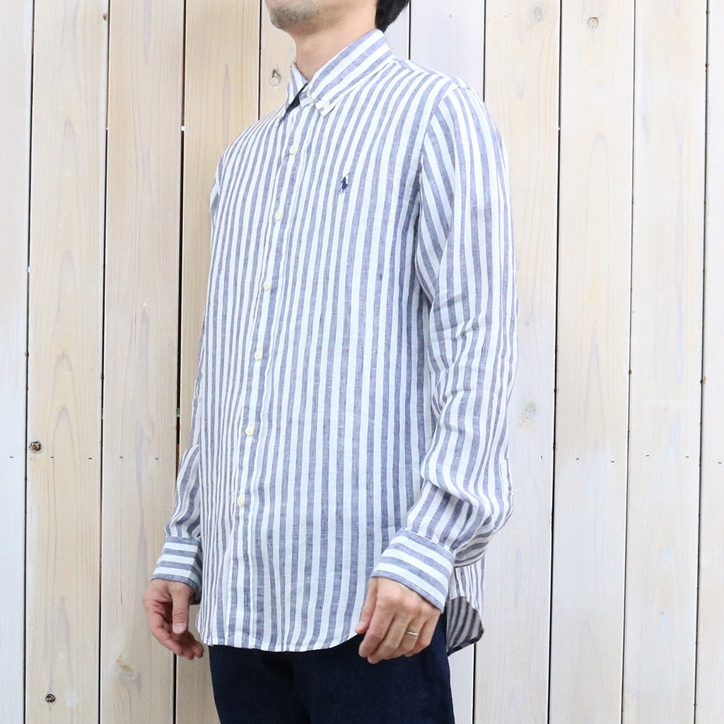 POLO RALPH LAUREN : カスタムフィット リネン ボタンダウンシャツ (NAVY STRIPE)