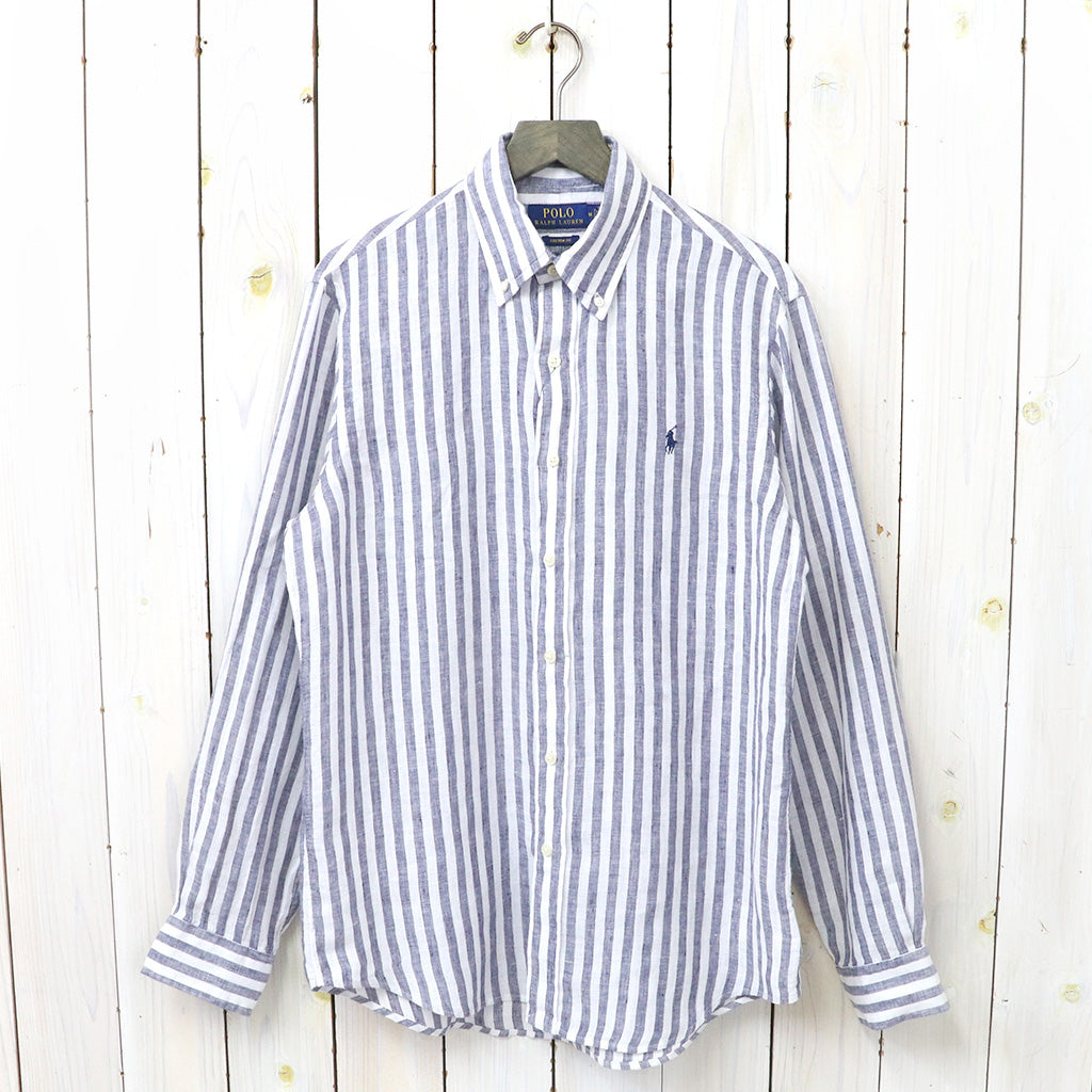 POLO RALPH LAUREN : カスタムフィット リネン ボタンダウンシャツ (NAVY STRIPE)