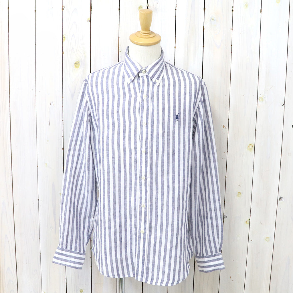 POLO RALPH LAUREN : カスタムフィット リネン ボタンダウンシャツ (NAVY STRIPE)