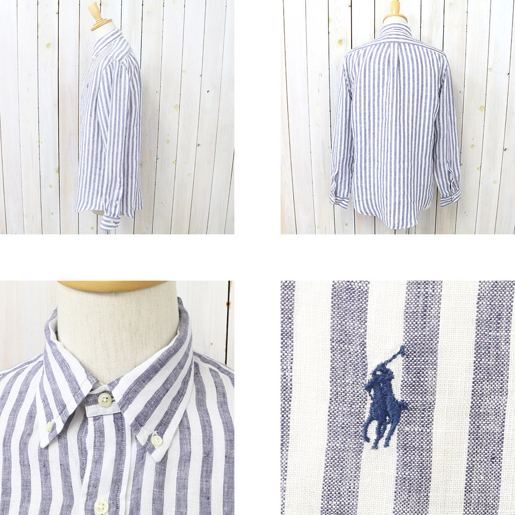 POLO RALPH LAUREN : カスタムフィット リネン ボタンダウンシャツ (NAVY STRIPE)