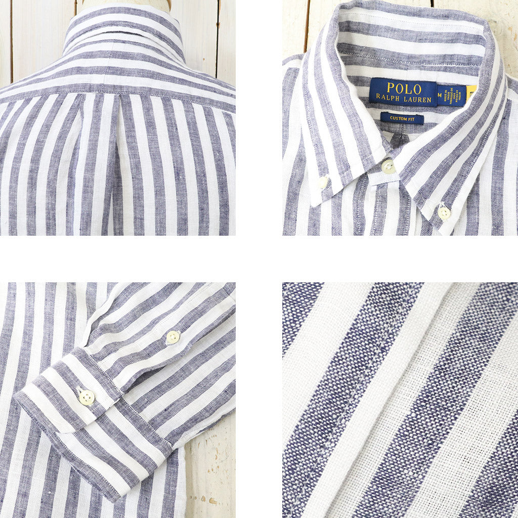 POLO RALPH LAUREN : カスタムフィット リネン ボタンダウンシャツ (NAVY STRIPE)