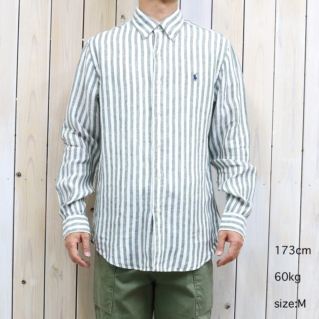POLO RALPH LAUREN : カスタムフィット リネン ボタンダウンシャツ (OLIVE STRIPE)