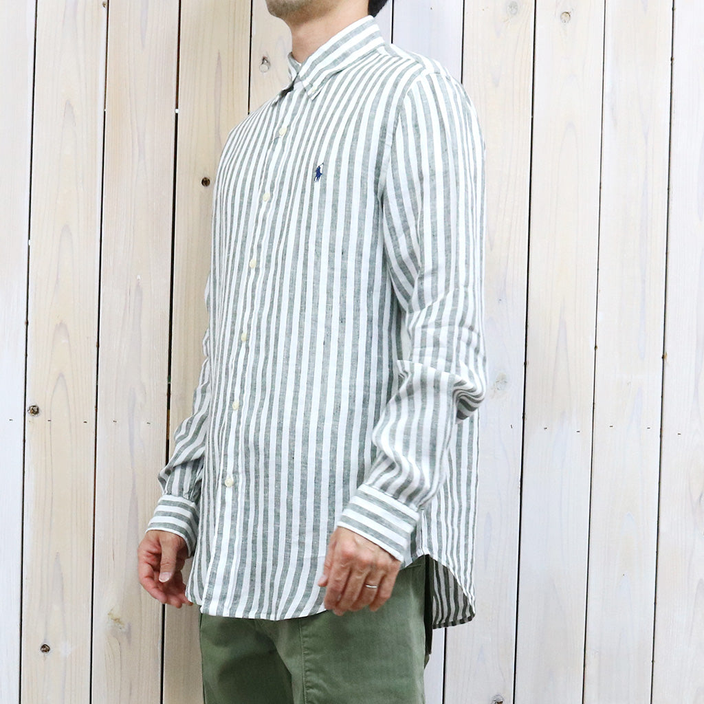 POLO RALPH LAUREN : カスタムフィット リネン ボタンダウンシャツ (OLIVE STRIPE)
