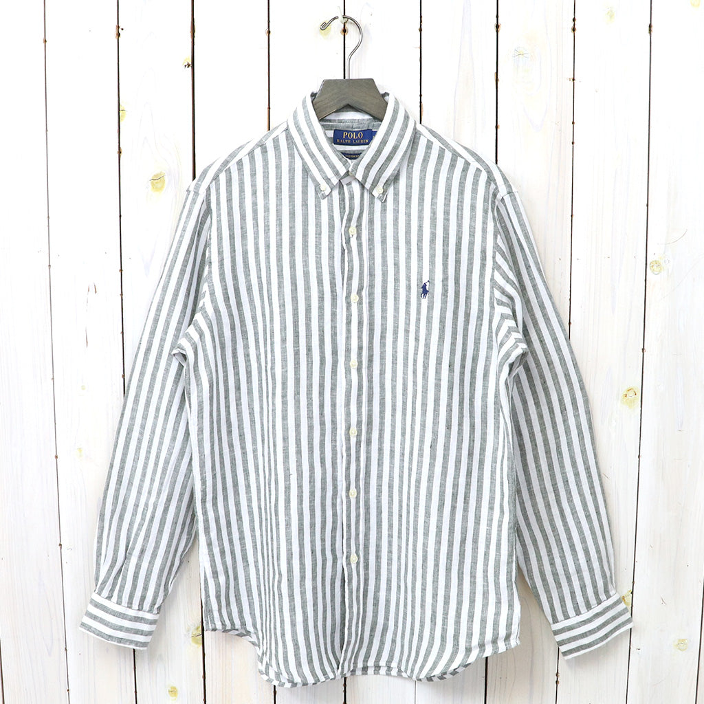 POLO RALPH LAUREN : カスタムフィット リネン ボタンダウンシャツ (OLIVE STRIPE)