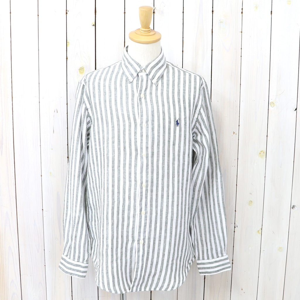 POLO RALPH LAUREN : カスタムフィット リネン ボタンダウンシャツ (OLIVE STRIPE)