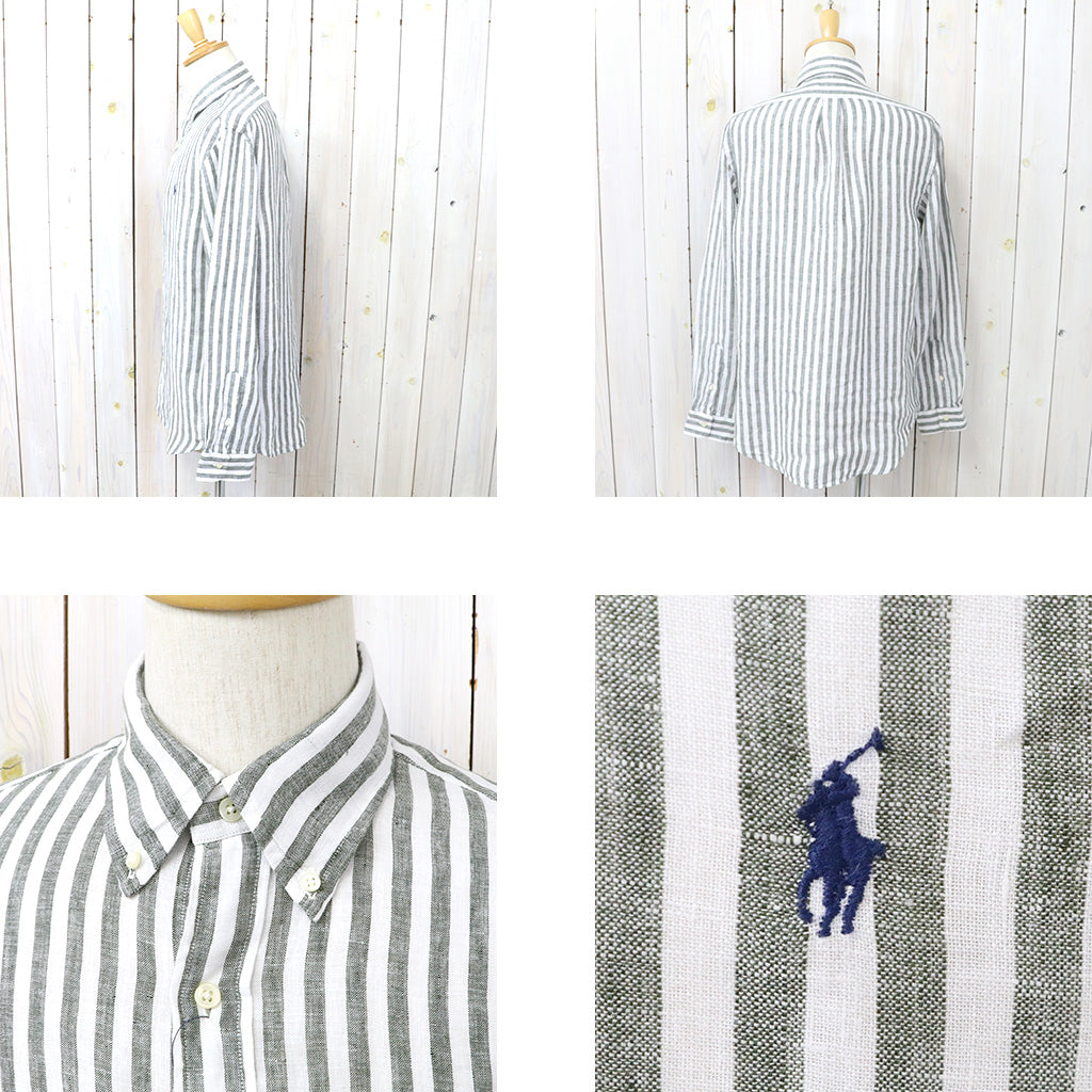 POLO RALPH LAUREN : カスタムフィット リネン ボタンダウンシャツ (OLIVE STRIPE)