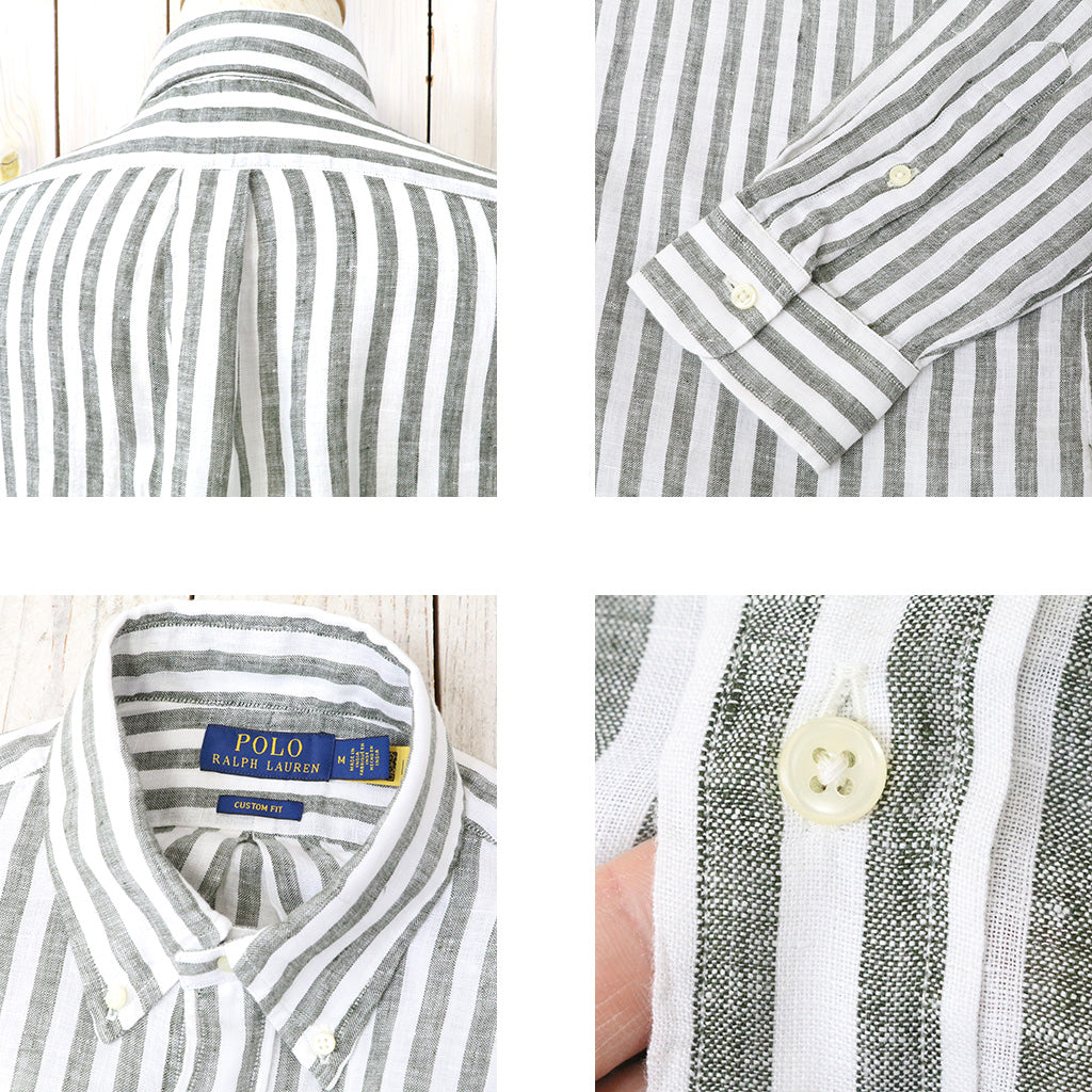 POLO RALPH LAUREN : カスタムフィット リネン ボタンダウンシャツ (OLIVE STRIPE)