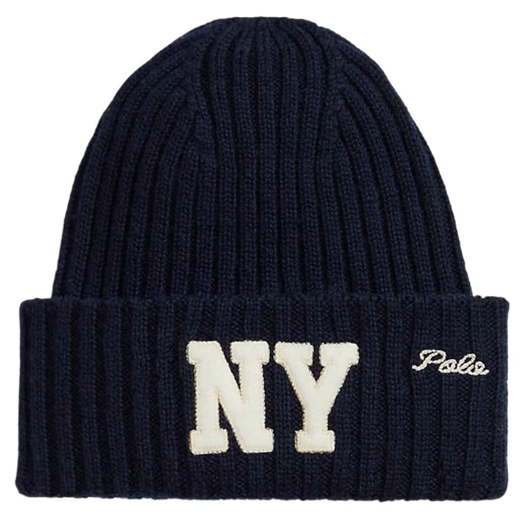 POLO RALPH LAUREN : NY PATCH RIBKNIT WOOL BEANIE (NAVY)