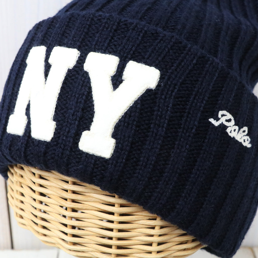 POLO RALPH LAUREN : NY PATCH RIBKNIT WOOL BEANIE (NAVY)