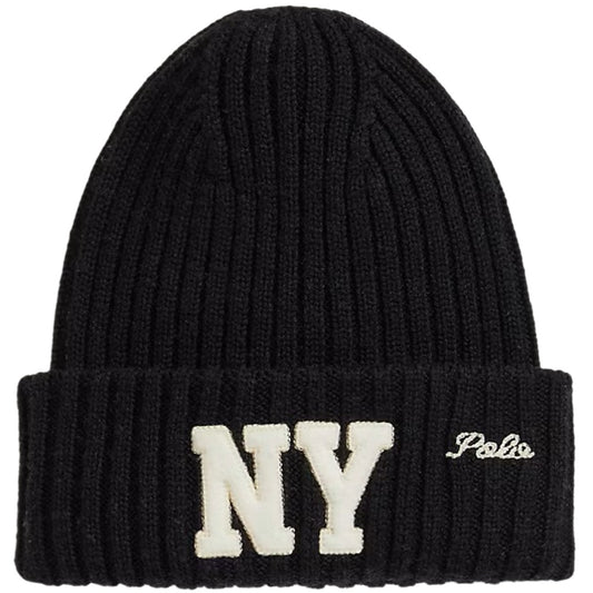 POLO RALPH LAUREN : NY PATCH RIBKNIT WOOL BEANIE (BLACK)