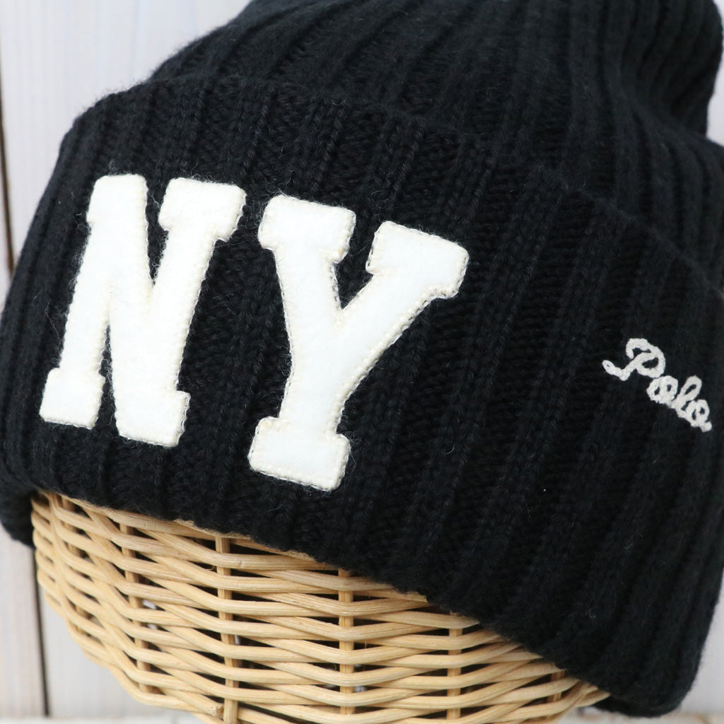 POLO RALPH LAUREN : NY PATCH RIBKNIT WOOL BEANIE (BLACK)