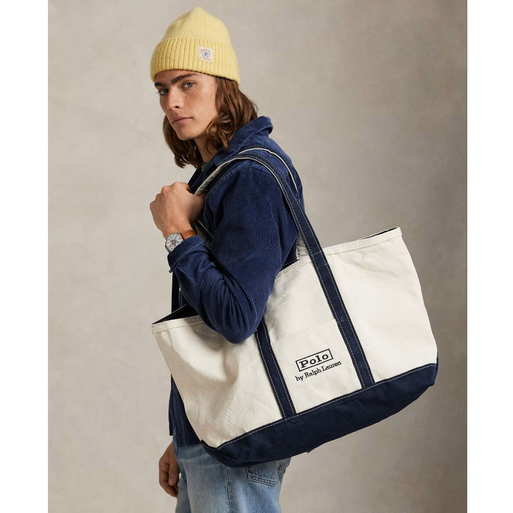 POLO RALPH LAUREN : ロゴ キャンバス ミディアム トート (CREAM/NAVY)