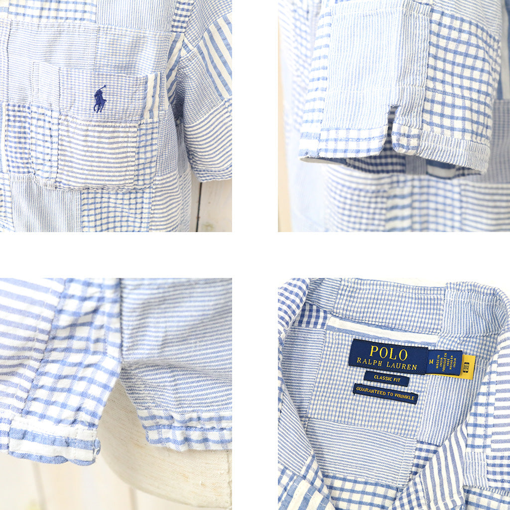 POLO RALPH LAUREN : クラシックフィット パッチワーク シアサッカー シャツ (BLUE)