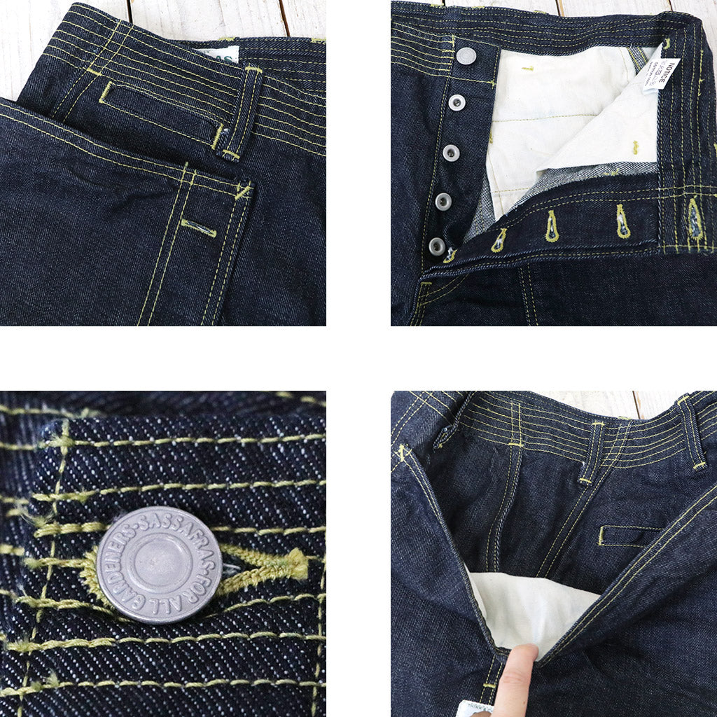 SASSAFRAS『FALL LEAF SPRAYER PANTS 1/2(13.5oz DENIM)』(INDIGO)