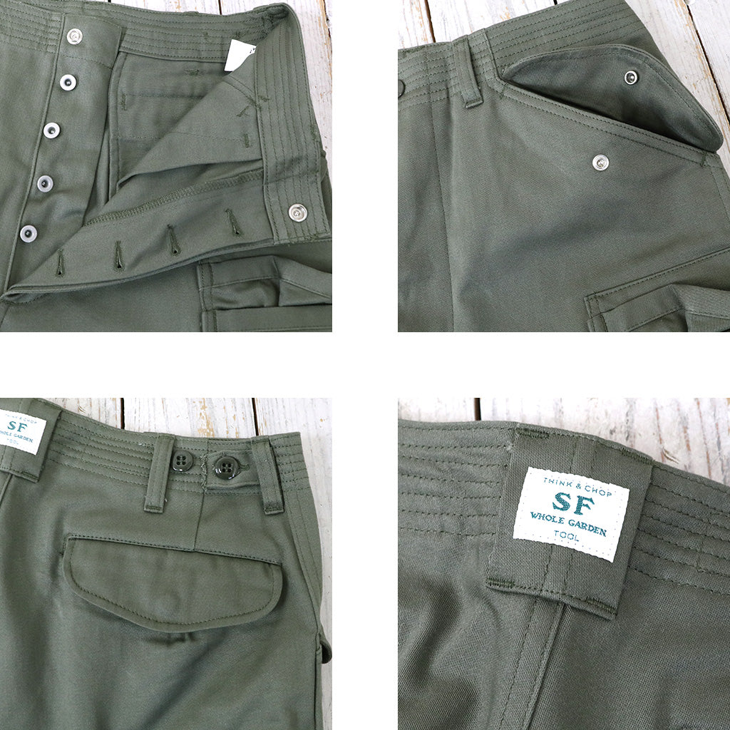 SASSAFRAS『OVERGROWN PANTS(MILITARY SATIN)』(OLIVE)