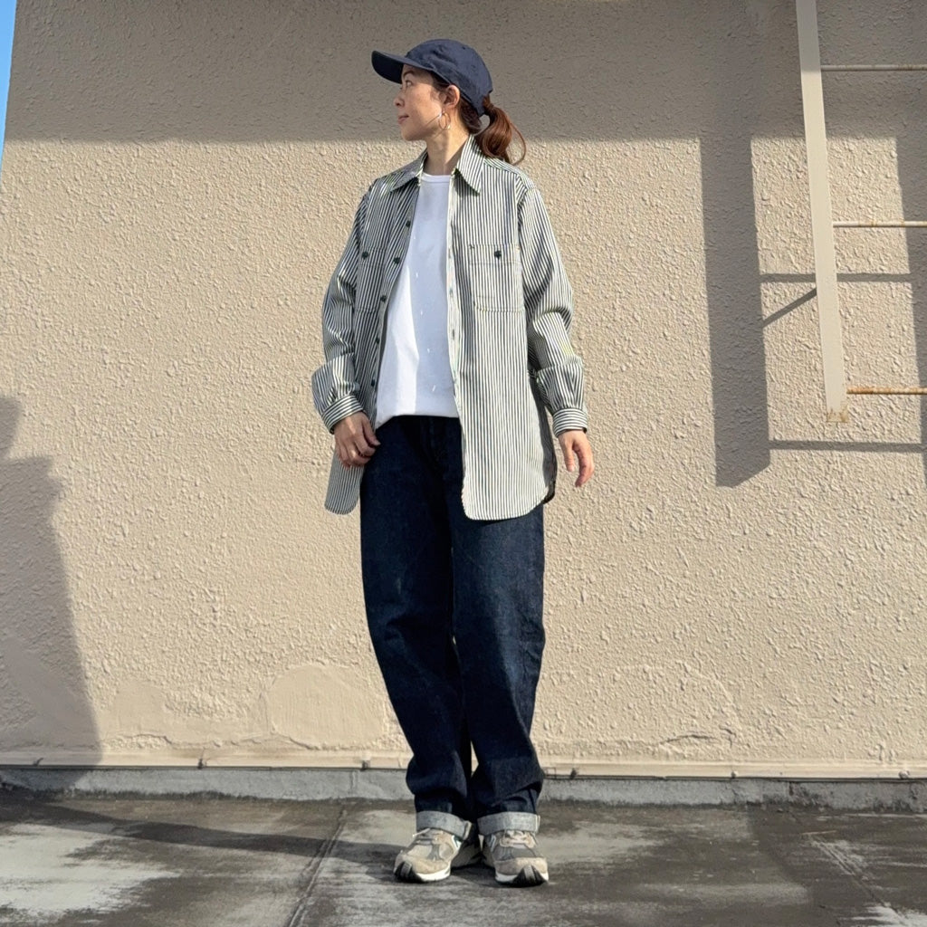 SASSAFRAS : GARDENING AT NIGHT SHIRT(6oz HICKORY) (WHITE/INDIGO)