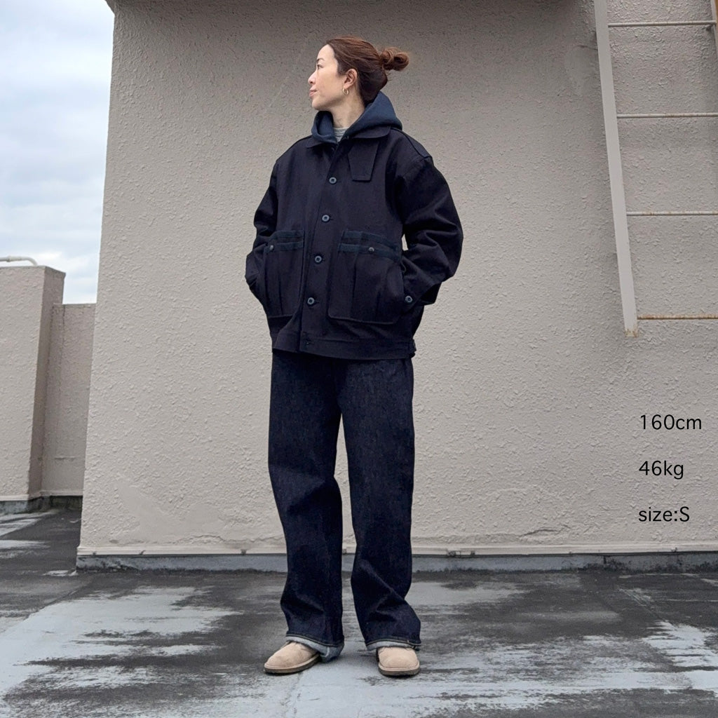 SASSAFRAS : OVERGROWN TRUG JACKET(HERRINGBONE DENIM) (INDIGO/BLACK)