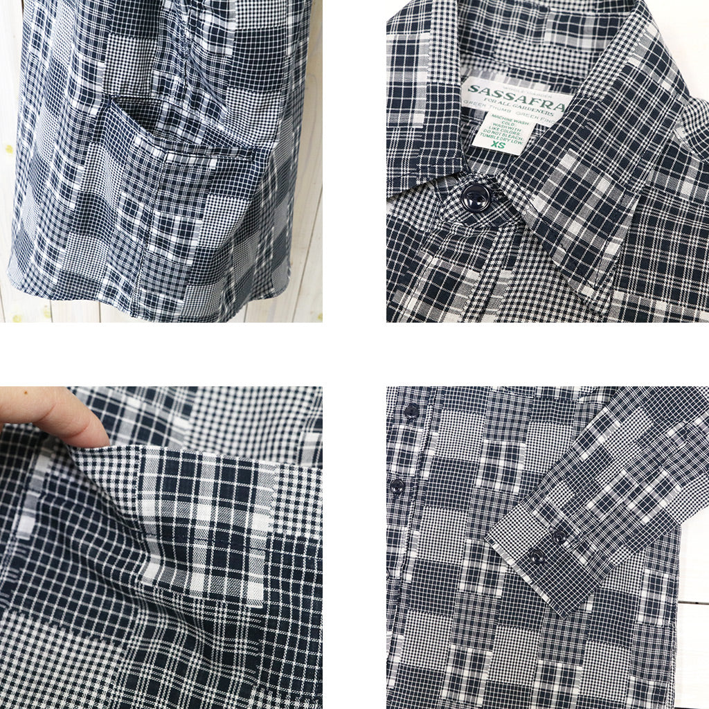 SASSAFRAS : WHEEL BARROW SHIRT-RANDOM PATCHWORK CHECK (NAVY/WHITE)
