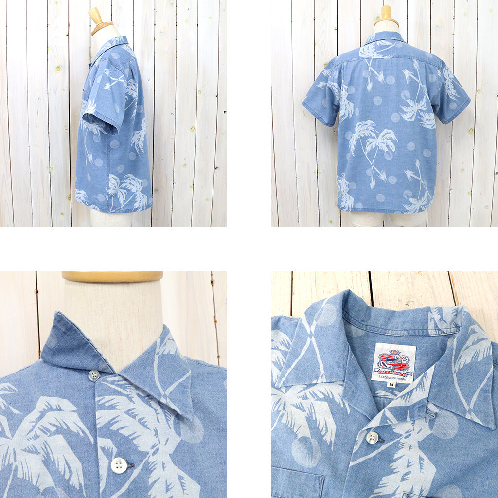 DUKE KAHANAMOKU『S/S INDIGO COTTON HAWAIIAN SHIRT-MOONLIGHT PLAMTREE』(BLUE)