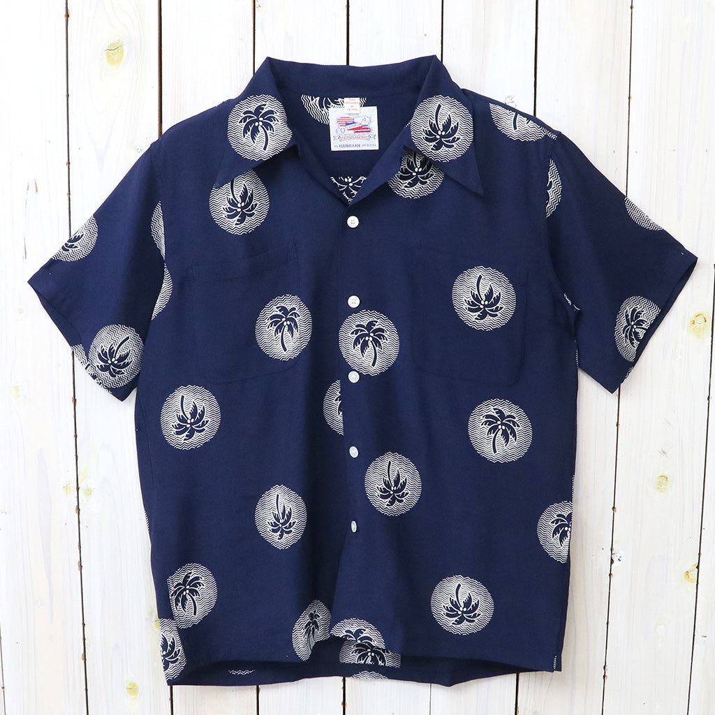 DUKE KAHANAMOKU : S/S RAYON HAWAIIAN SHIRT-WONDROUS PLAM TREE (NAVY)