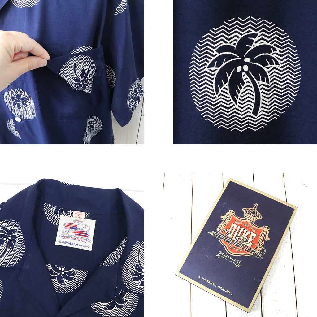 DUKE KAHANAMOKU : S/S RAYON HAWAIIAN SHIRT-WONDROUS PLAM TREE (NAVY)