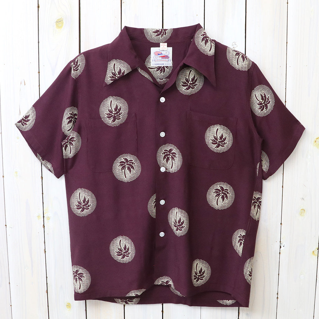 DUKE KAHANAMOKU : S/S RAYON HAWAIIAN SHIRT-WONDROUS PLAM TREE (BURGUNDY)