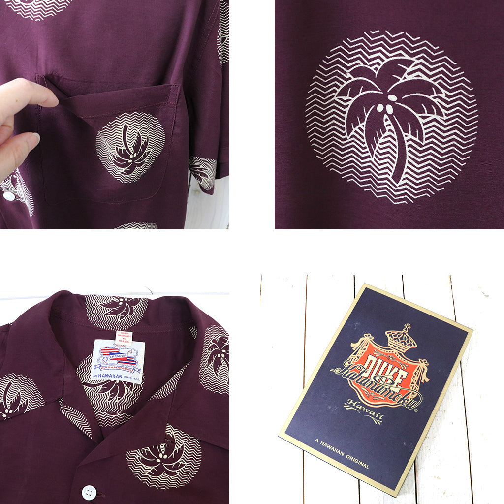 DUKE KAHANAMOKU : S/S RAYON HAWAIIAN SHIRT-WONDROUS PLAM TREE (BURGUNDY)