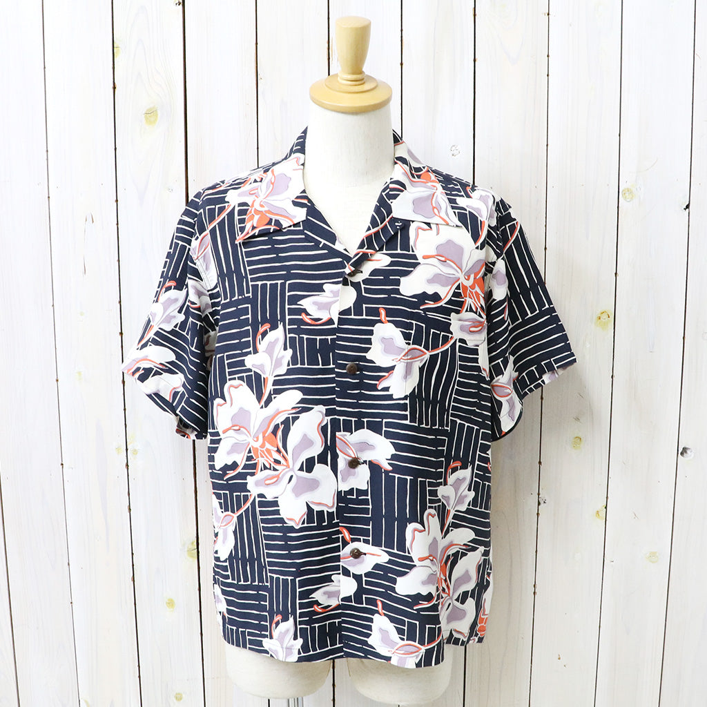 SUN SURF : S/S RAYON HAWAIIAN SHIRT-WHITE GINGER (BLACK)